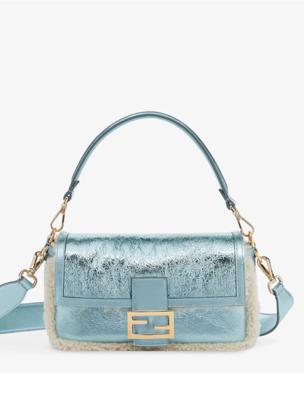 Fendi Light Blue Metallic Shearling Trim Shoulder Baguette